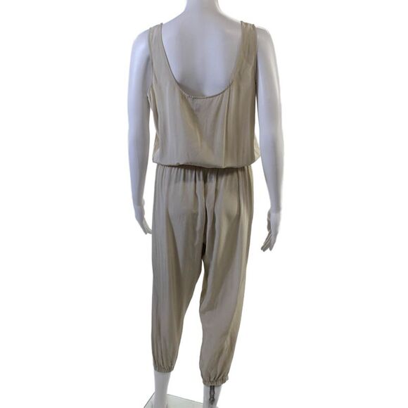 Vince Womens Silk Sleeveless Elastic Waist Cropped Leg Jumpsuit Beige Size 10 - Picture 3 of 7